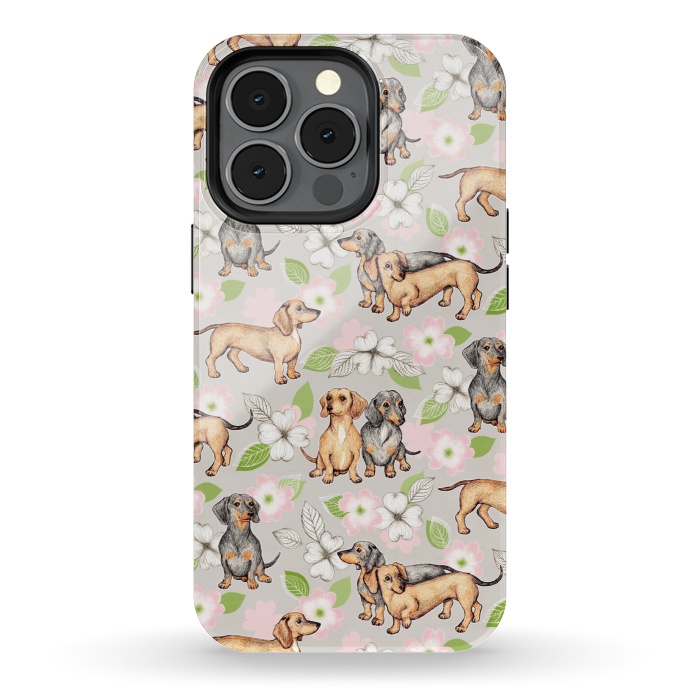 iPhone 13 pro StrongFit Dachshunds and dogwood blossoms by Micklyn Le Feuvre