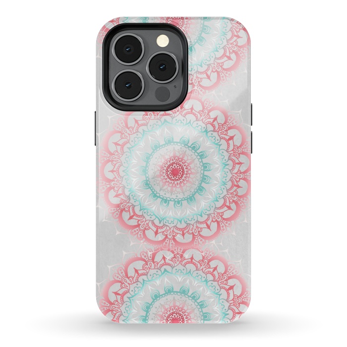 iPhone 13 pro StrongFit Faded Coral & Mint Mandalas on Grey by Tangerine-Tane