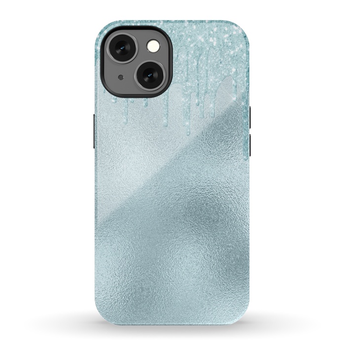 iPhone 13 StrongFit Ice Blue Glitter Droplets on Metal Foil by  Utart
