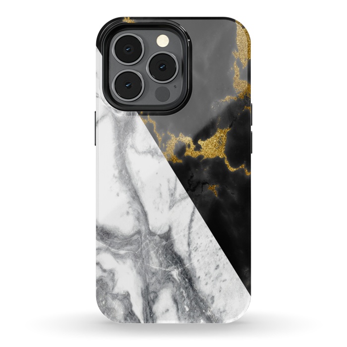 iPhone 13 pro StrongFit Marble Black White Gold Geometric by Alemi