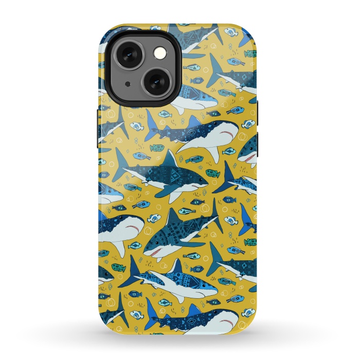 iPhone 13 mini StrongFit Tribal Sharks & Fish On Mustard by Tigatiga