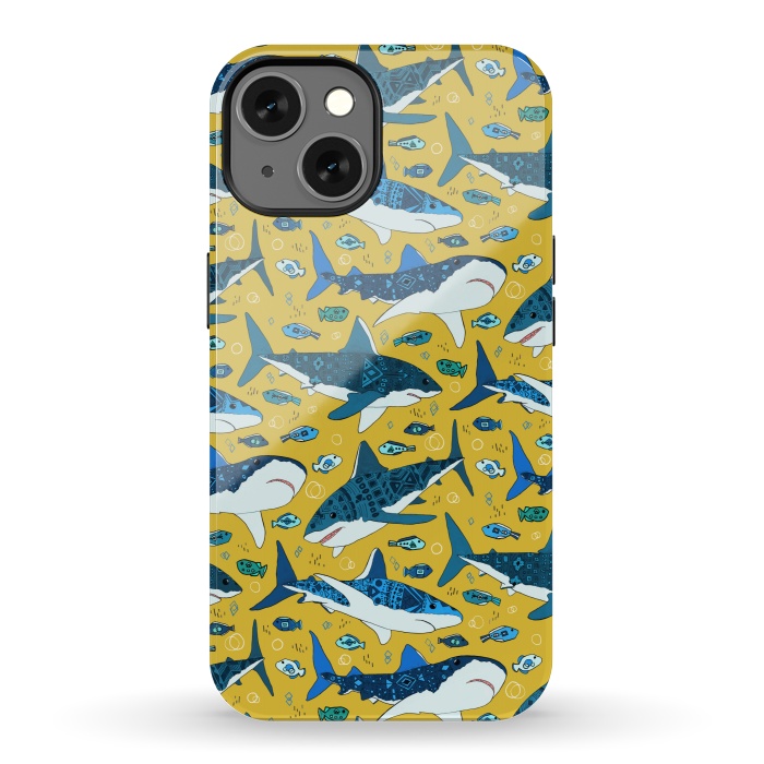 iPhone 13 StrongFit Tribal Sharks & Fish On Mustard by Tigatiga
