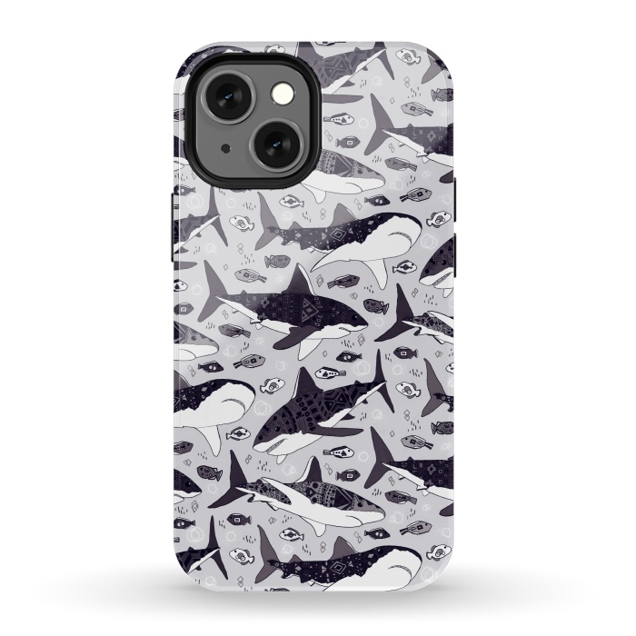 iPhone 13 mini StrongFit Black & White Tribal Sharks & Fish  by Tigatiga