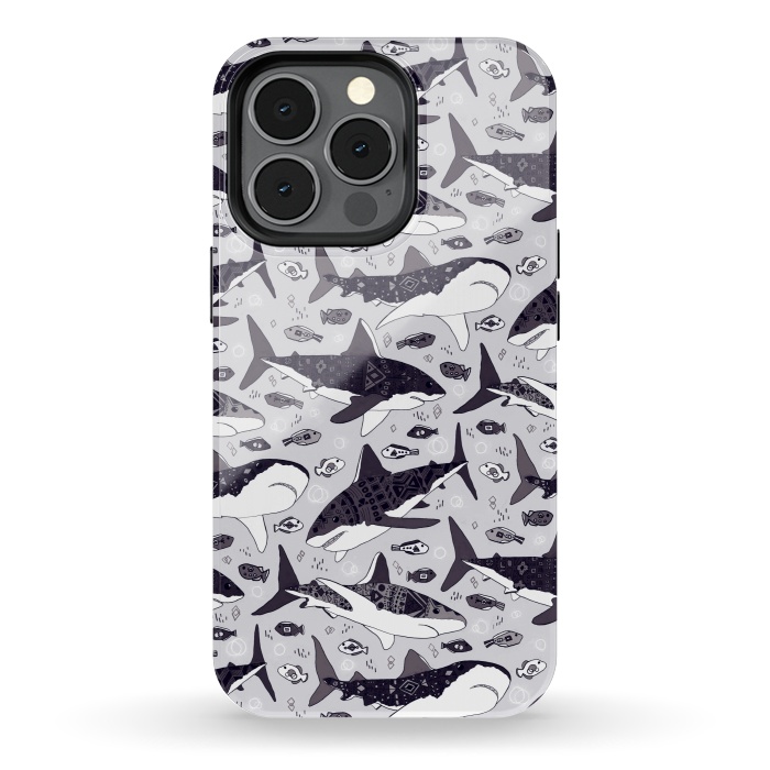 iPhone 13 pro StrongFit Black & White Tribal Sharks & Fish  by Tigatiga