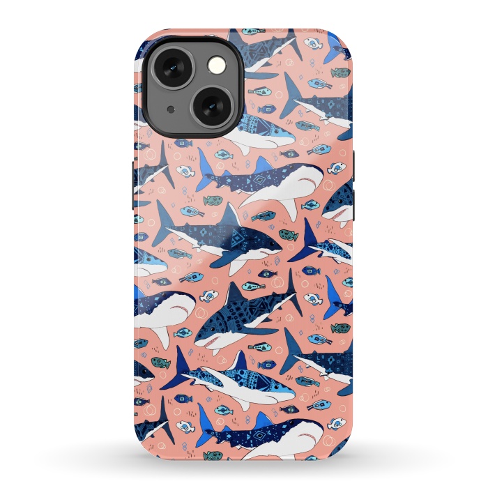 iPhone 13 StrongFit Tribal Sharks & Fish On Pink by Tigatiga