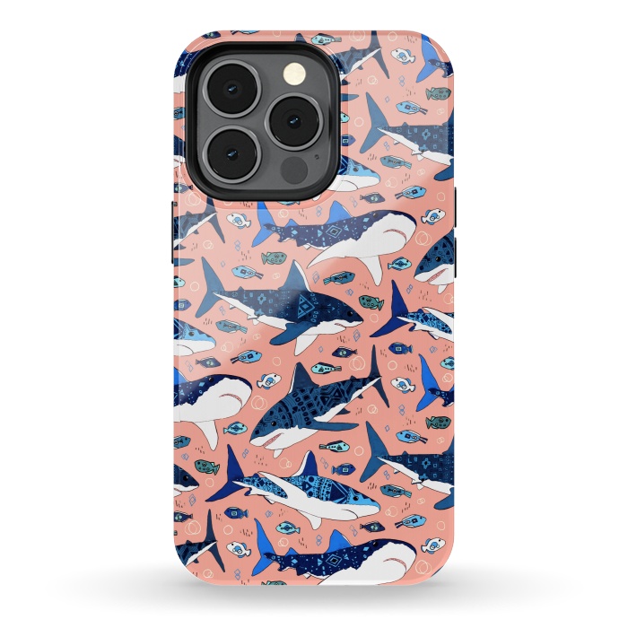 iPhone 13 pro StrongFit Tribal Sharks & Fish On Pink by Tigatiga