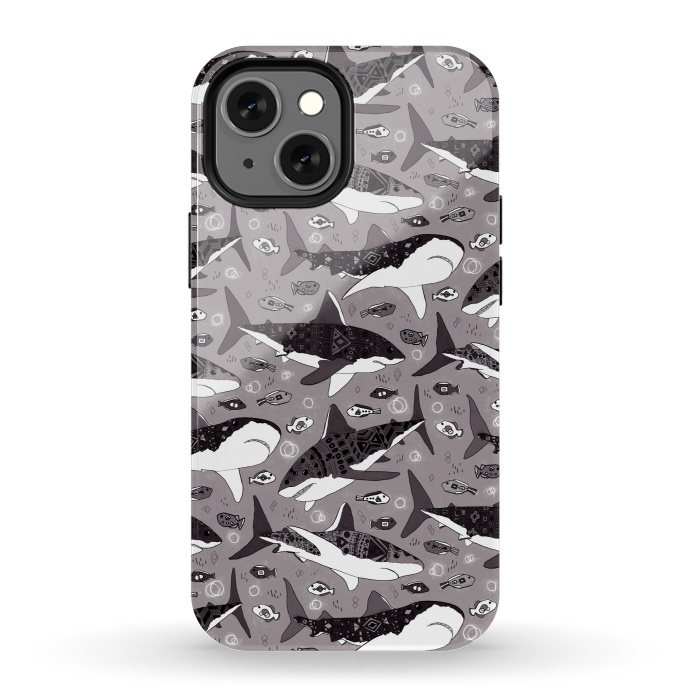 iPhone 13 mini StrongFit Tribal Sharks & Fish On Grey  by Tigatiga