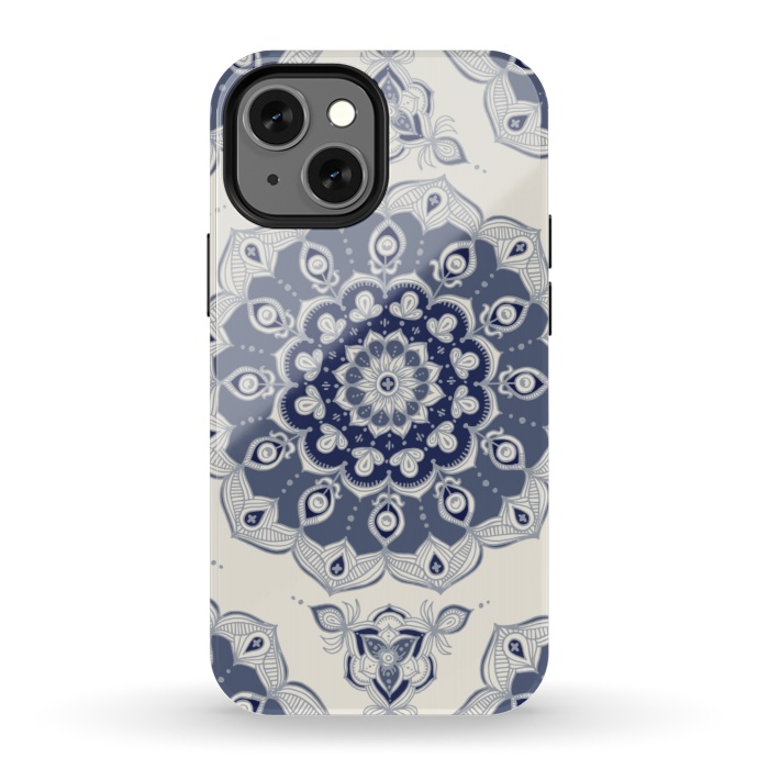 iPhone 13 mini StrongFit Grey Blue Monochrome Floral Mandala by Micklyn Le Feuvre