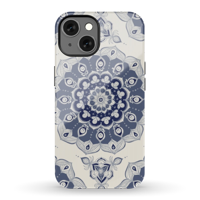 iPhone 13 StrongFit Grey Blue Monochrome Floral Mandala by Micklyn Le Feuvre