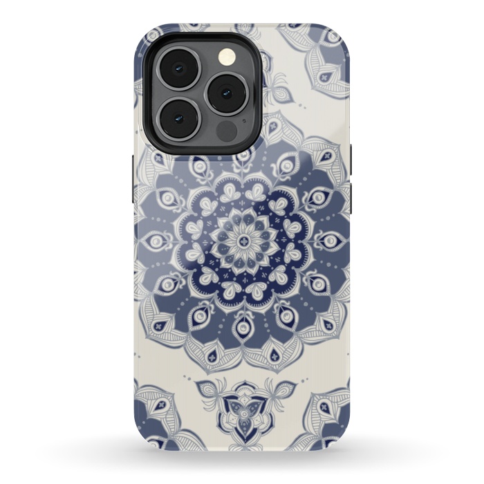 iPhone 13 pro StrongFit Grey Blue Monochrome Floral Mandala by Micklyn Le Feuvre