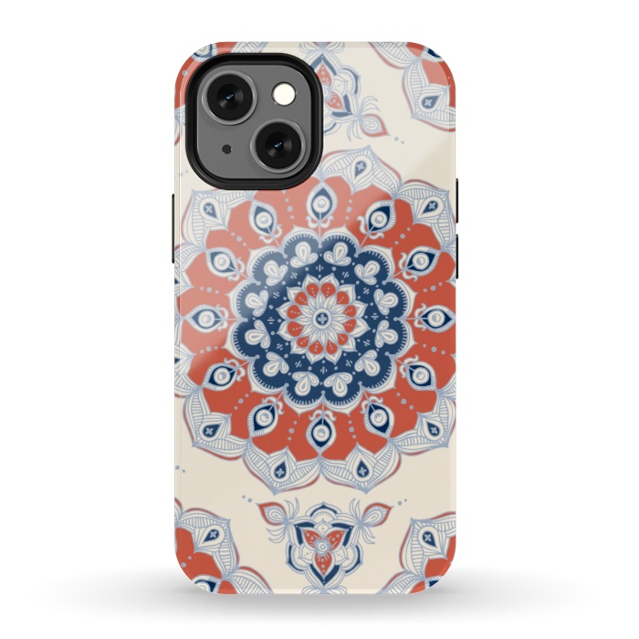 iPhone 13 mini StrongFit Red, Blue and Cream Floral Mandala by Micklyn Le Feuvre
