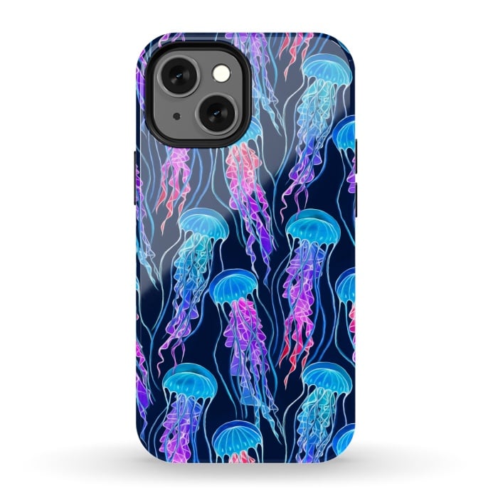 iPhone 13 mini StrongFit Luminescent Rainbow Jellyfish on Navy Blue by Micklyn Le Feuvre