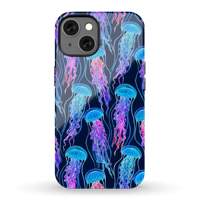 iPhone 13 StrongFit Luminescent Rainbow Jellyfish on Navy Blue by Micklyn Le Feuvre