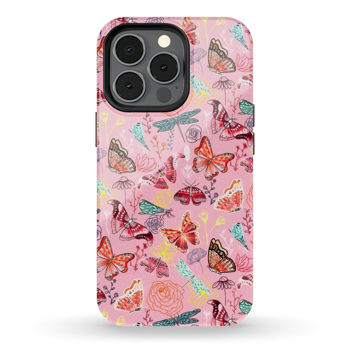 iPhone 13 pro StrongFit Butterflies, Dragonflies and Moths on Pink  by Tigatiga