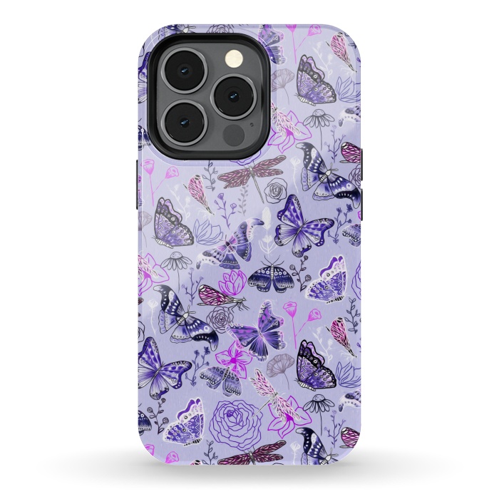 iPhone 13 pro StrongFit Butterflies, Dragonflies and Moths on Purple by Tigatiga