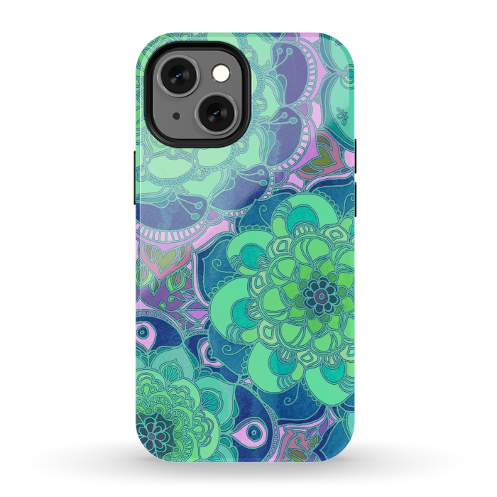 iPhone 13 mini StrongFit Fantasy Flowers in Mint Green & Purple by Micklyn Le Feuvre