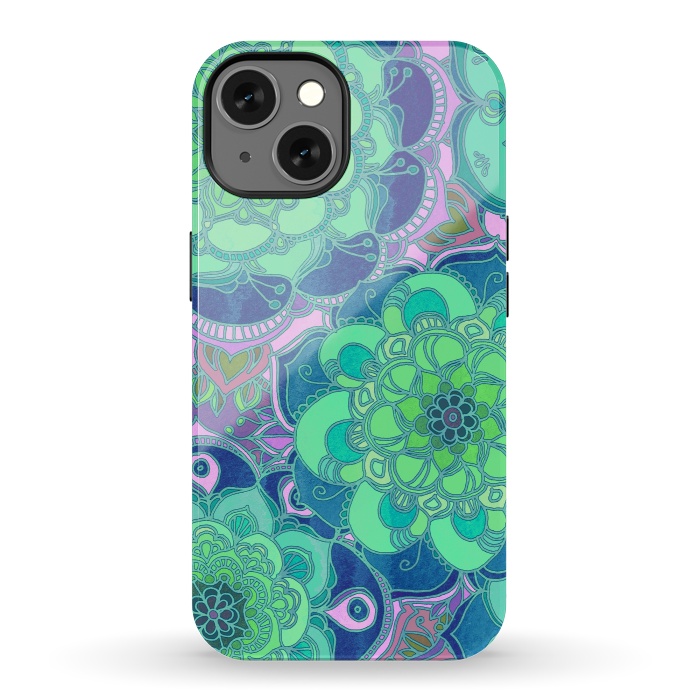 iPhone 13 StrongFit Fantasy Flowers in Mint Green & Purple by Micklyn Le Feuvre