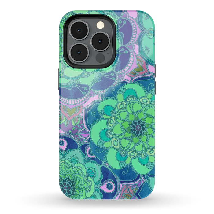 iPhone 13 pro StrongFit Fantasy Flowers in Mint Green & Purple by Micklyn Le Feuvre