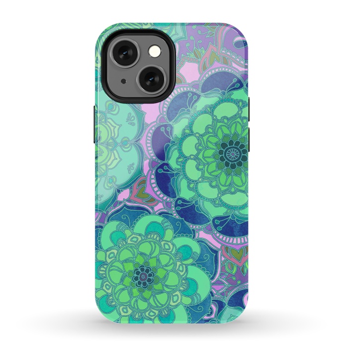 iPhone 13 mini StrongFit Fantasy Flowers in Mint Green & Purple 2 by Micklyn Le Feuvre