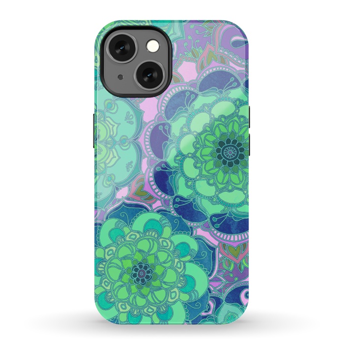 iPhone 13 StrongFit Fantasy Flowers in Mint Green & Purple 2 by Micklyn Le Feuvre