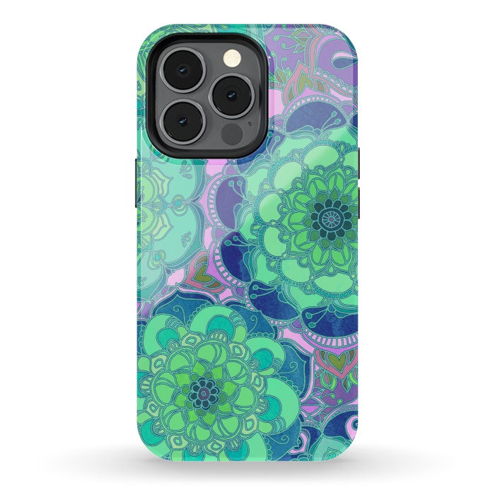 iPhone 13 pro StrongFit Fantasy Flowers in Mint Green & Purple 2 by Micklyn Le Feuvre