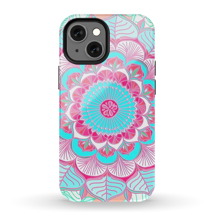 iPhone 13 mini StrongFit Tropical Doodle Flower in Pink & Aqua by Micklyn Le Feuvre