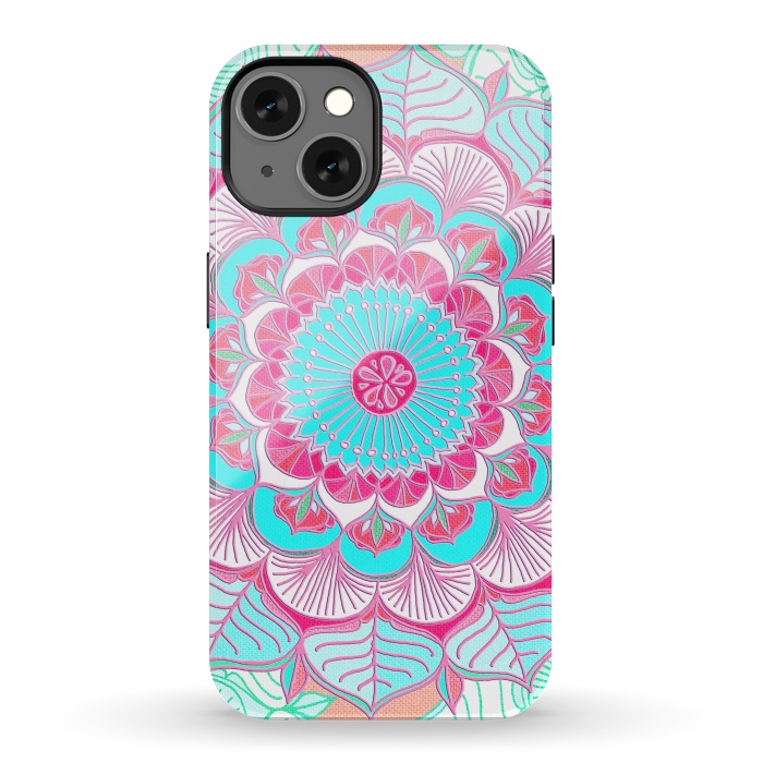 iPhone 13 StrongFit Tropical Doodle Flower in Pink & Aqua por Micklyn Le Feuvre