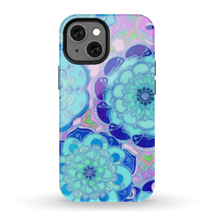 iPhone 13 mini StrongFit Radiant Cyan & Purple Stained Glass Floral Mandalas by Micklyn Le Feuvre