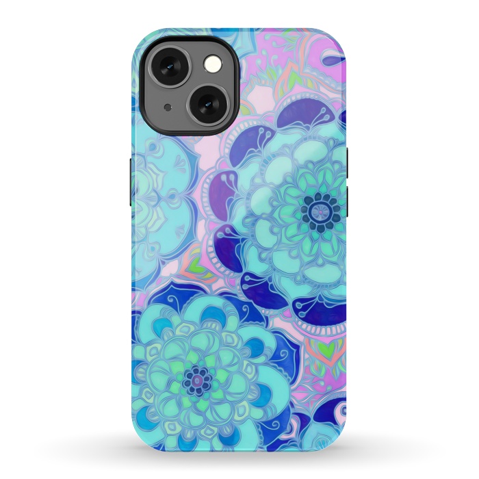iPhone 13 StrongFit Radiant Cyan & Purple Stained Glass Floral Mandalas by Micklyn Le Feuvre