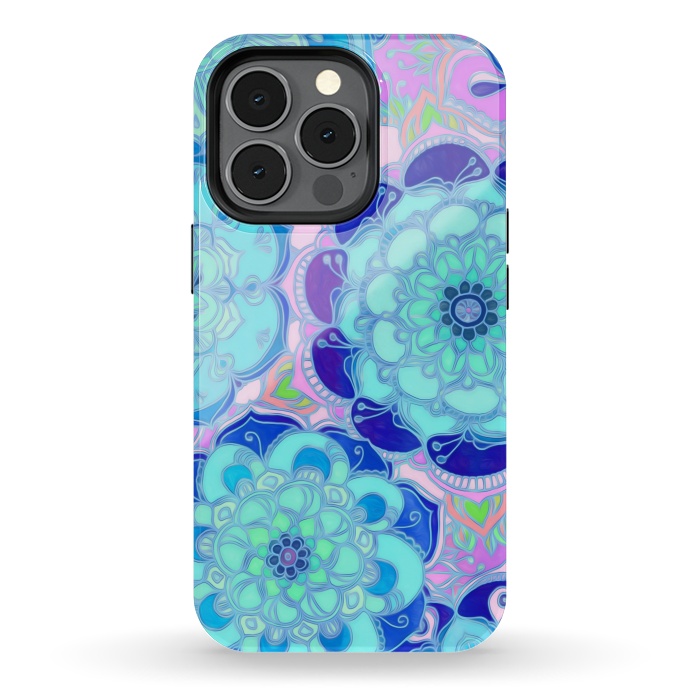 iPhone 13 pro StrongFit Radiant Cyan & Purple Stained Glass Floral Mandalas by Micklyn Le Feuvre