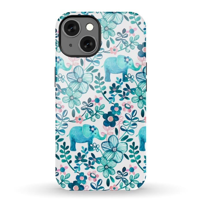 iPhone 13 StrongFit Little Teal Elephant Watercolor Floral on White by Micklyn Le Feuvre