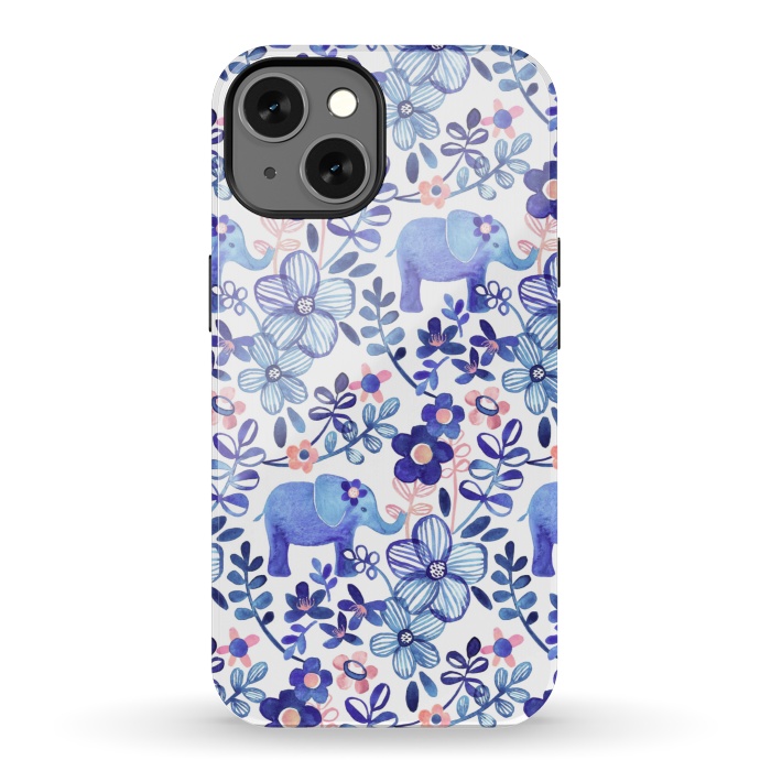 iPhone 13 StrongFit Little Purple Elephant Watercolor Floral on White by Micklyn Le Feuvre