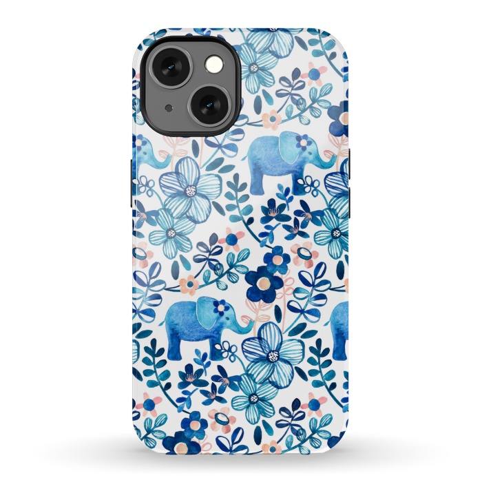 iPhone 13 StrongFit Little Blue Elephant Watercolor Floral on White by Micklyn Le Feuvre