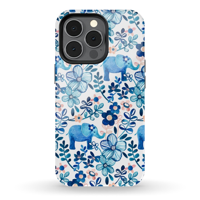 iPhone 13 pro StrongFit Little Blue Elephant Watercolor Floral on White by Micklyn Le Feuvre
