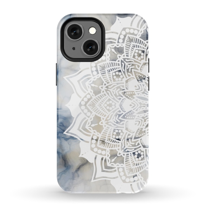 iPhone 13 mini StrongFit Cut out white lace mandala on marble by Oana 