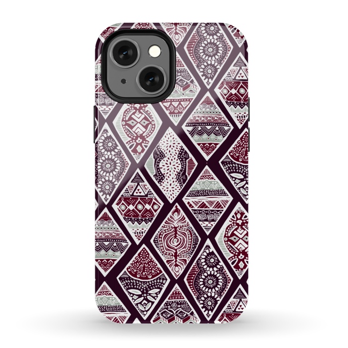 iPhone 13 mini StrongFit Tribal Diamonds On Red, White & Sage  by Tigatiga