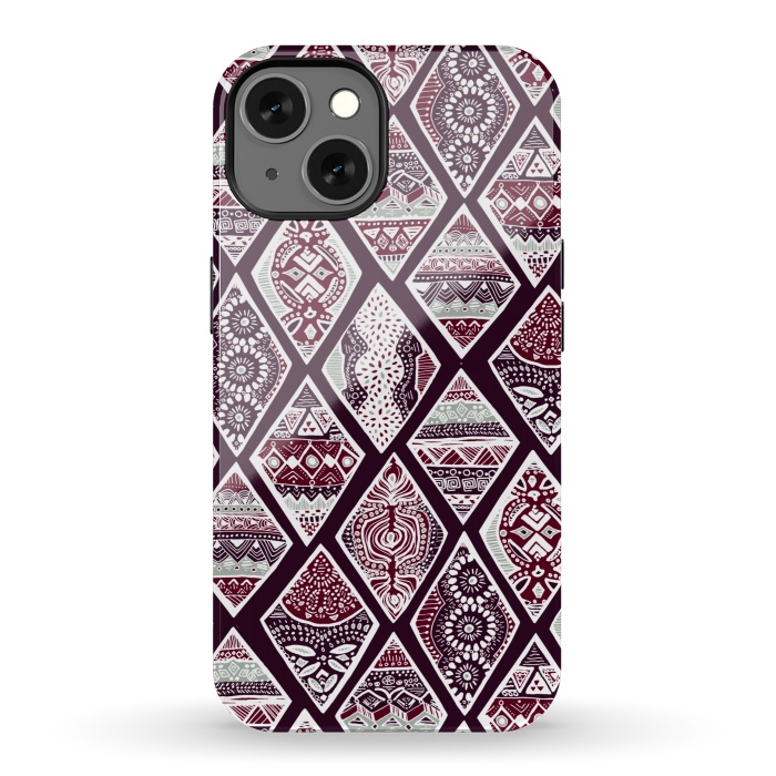 iPhone 13 StrongFit Tribal Diamonds On Red, White & Sage  by Tigatiga