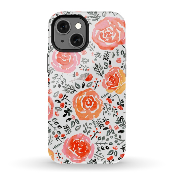 iPhone 13 mini StrongFit Orange, Red & Grey Watercolor Roses  by Tigatiga
