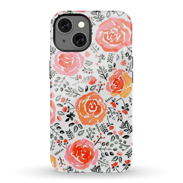 iPhone 13 StrongFit Orange, Red & Grey Watercolor Roses  by Tigatiga