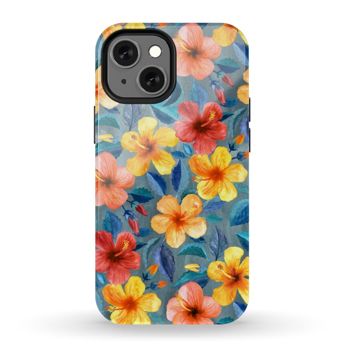 iPhone 13 mini StrongFit Bright Little Summer Hibiscus Blooms in Watercolor by Micklyn Le Feuvre