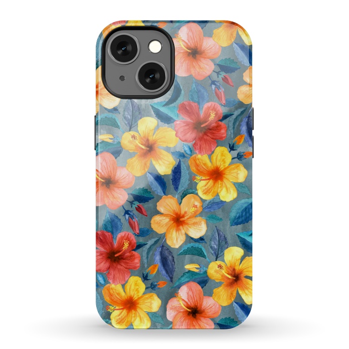 iPhone 13 StrongFit Bright Little Summer Hibiscus Blooms in Watercolor by Micklyn Le Feuvre