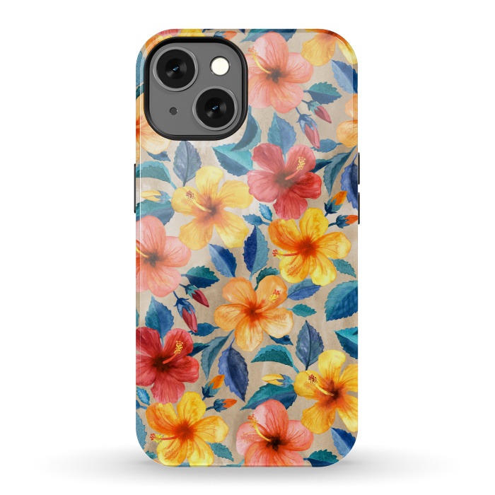 iPhone 13 StrongFit Little Tropical Hibiscus Blooms in Watercolor by Micklyn Le Feuvre