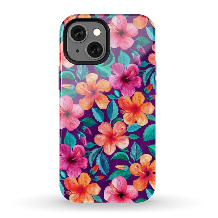 iPhone 13 mini StrongFit Little Bright Hibiscus Blooms in Watercolor on Purple by Micklyn Le Feuvre