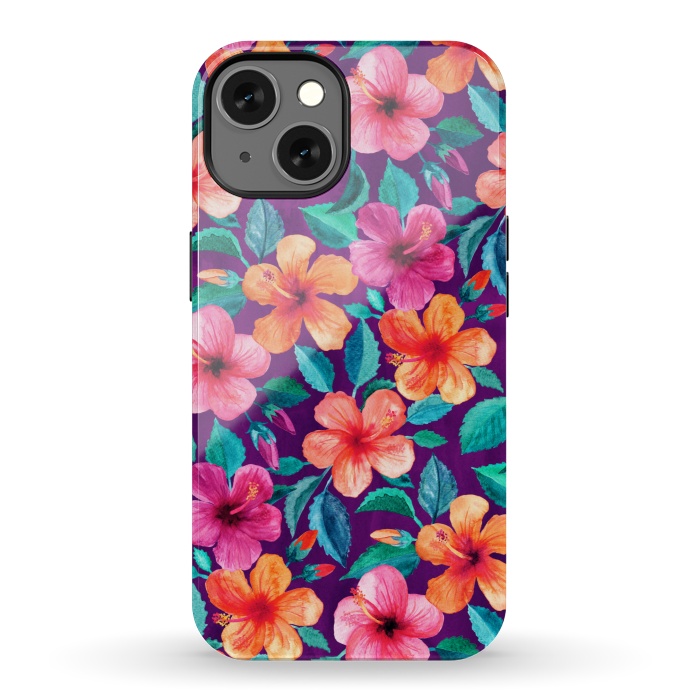iPhone 13 StrongFit Little Bright Hibiscus Blooms in Watercolor on Purple by Micklyn Le Feuvre