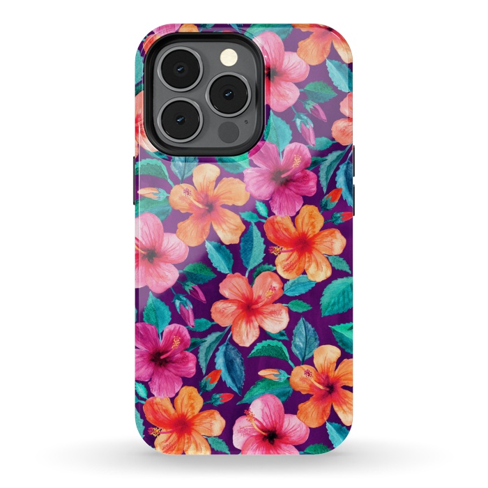 iPhone 13 pro StrongFit Little Bright Hibiscus Blooms in Watercolor on Purple by Micklyn Le Feuvre