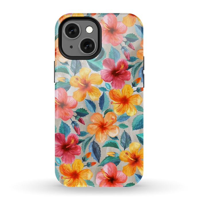 iPhone 13 mini StrongFit Little Tropical Hawaiian Hibiscus Blooms in Watercolor by Micklyn Le Feuvre