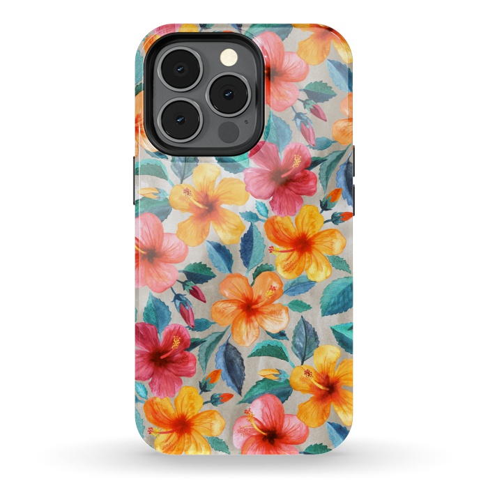 iPhone 13 pro StrongFit Little Tropical Hawaiian Hibiscus Blooms in Watercolor by Micklyn Le Feuvre