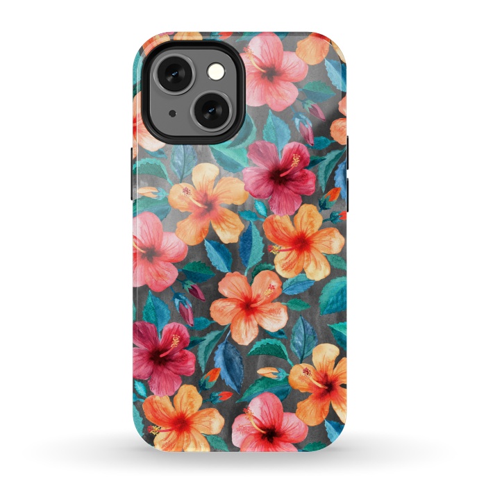 iPhone 13 mini StrongFit Colorful Little Tropical Hibiscus Blooms by Micklyn Le Feuvre
