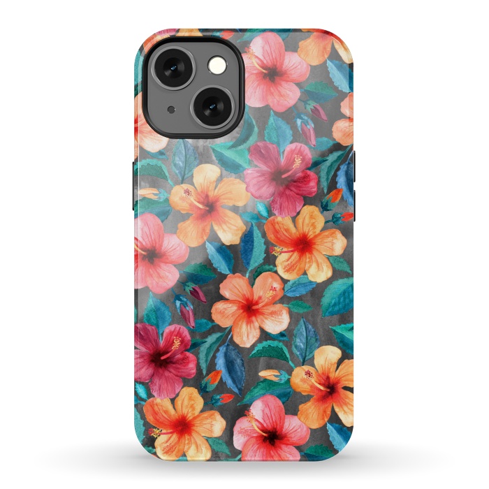 iPhone 13 StrongFit Colorful Little Tropical Hibiscus Blooms by Micklyn Le Feuvre