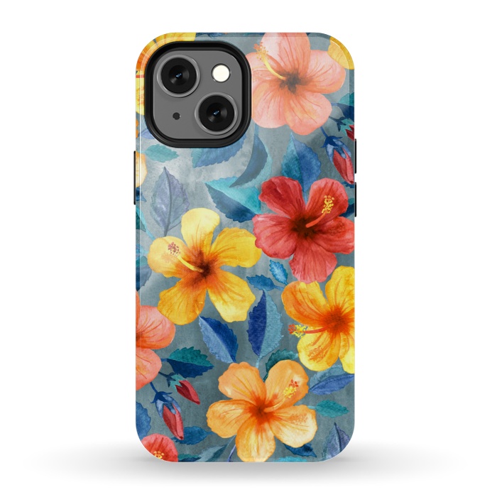 iPhone 13 mini StrongFit Bright Summer Hibiscus Blooms in Watercolor by Micklyn Le Feuvre